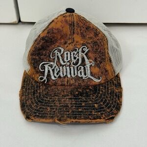 Vintage Y2K Rock Revival Trucker Hat Cap Strap Back Acid Wash Embroidered Orange